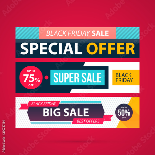 Three horizontal Black Friday banners in modern flat style on vibrant red background (ID: 200737134)