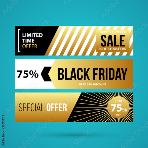 Three horizontal Black Friday banners in golden style on turquoise background (ID: 200737139)