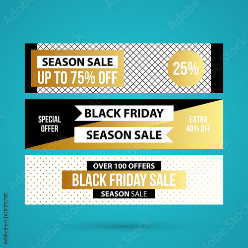 Three horizontal Black Friday banners in golden style on turquoise background (ID: 200737141)