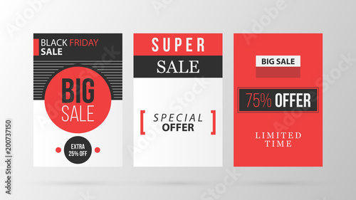 Three vertical Black Friday banners/posters in retro black and red style on gray background (ID: 200737150)