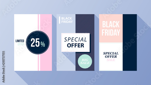 Three vertical Black Friday banners/posters with soft colors in flat style on blue background (ID: 200737155)
