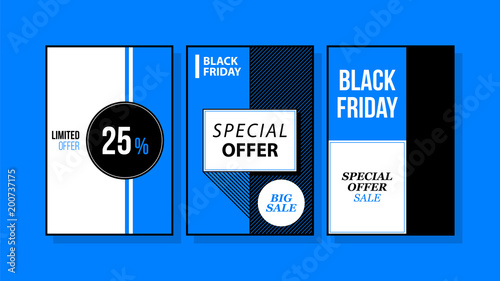 Three vertical Black Friday banners/posters in black and blue style on bright background (ID: 200737175)