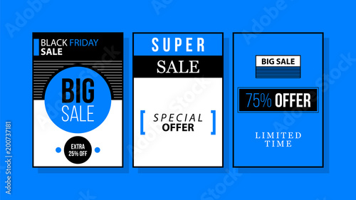 Three vertical Black Friday banners/posters in black and blue style on bright background (ID: 200737181)