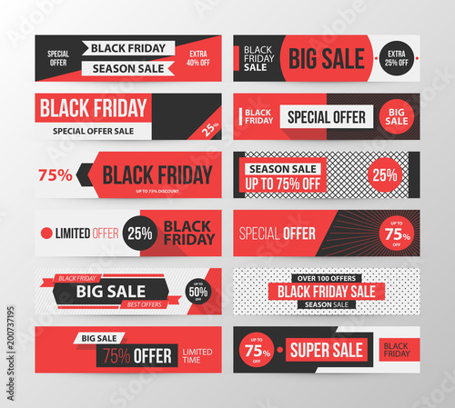 Big set of Black Friday web banners in retro black and red style on gray background (ID: 200737195)