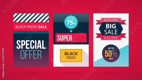 Three vertical Black Friday banners/posters in modern flat style on vibrant red background (ID: 200737199)