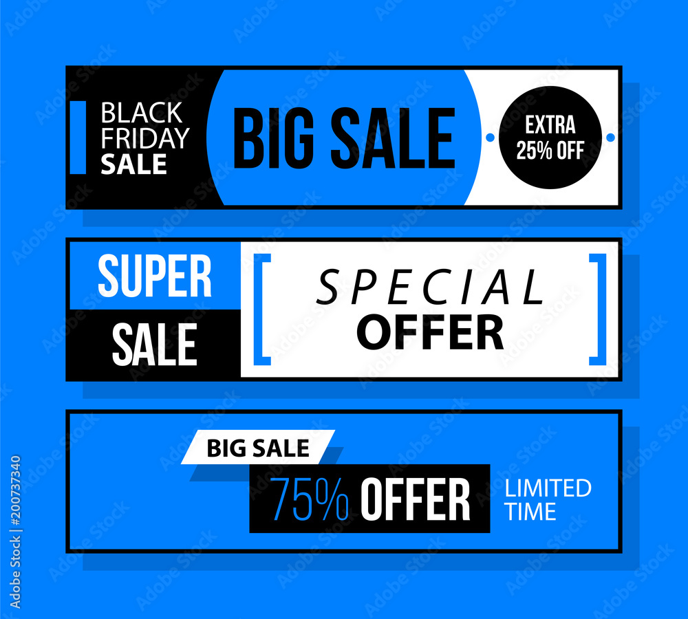 Three horizontal Black Friday banners in black and blue style on bright background Three horizontal Black Friday banners in black and blue style on bright background