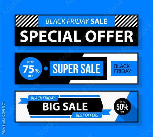 Three horizontal Black Friday banners in black and blue style on bright background