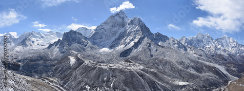 Bild auf Leinwand Panorama shot of Ama Dablam, its base camp, Kangtega, and Makalu from Nangkartsh