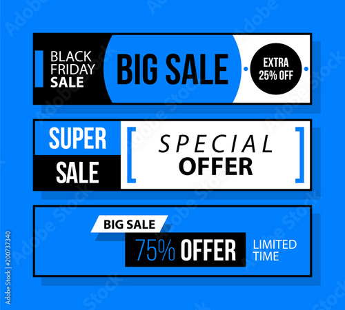 Three horizontal Black Friday banners in black and blue style on bright background