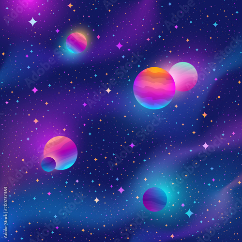 Space background with colorful stars and planets . Vector illustration.