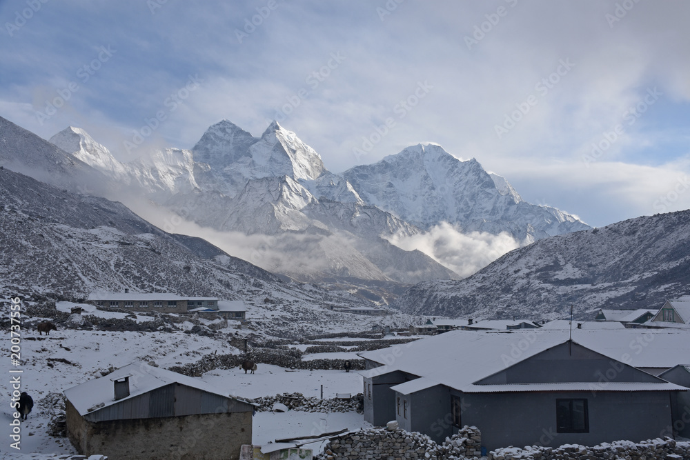 Pheriche village and Kangtega in the background after snowfall, Nepal