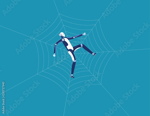 Robot and spider web. Concept business technology vector illustration. Flat design style.