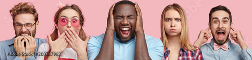Collage shot of stressful dark skinned male, shocked pinup girl, blonde adorable woman blows cheek, cheerful beard male plugs ears, funny man in spectacles, express different emotions, pose indoor photo