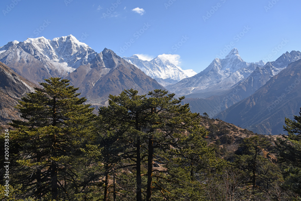 View of Everest, Lhotse, Nuptse and Ama Dablam from Khumjung, Nepal