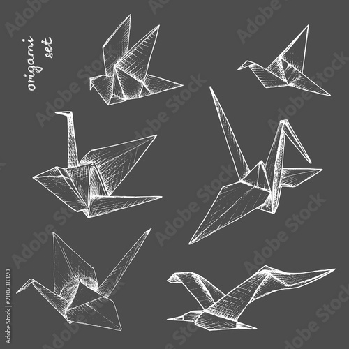 Origami - set of 6 white paper birds