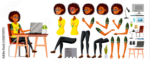 African Black Business Woman Character Vector. Working American Female Girl. Business African Black Character Working At Office Desk. Animation Set. Lady. Cartoon Illustration