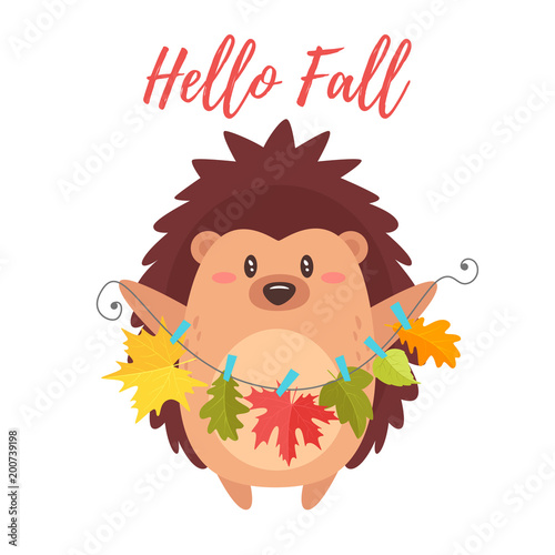 hedgehog holding autumn colorful leaves