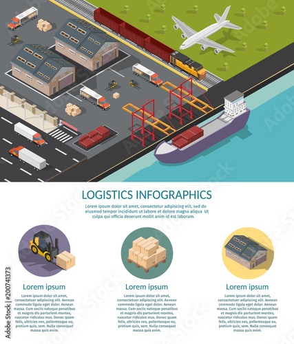 Isometric vector port ship loading logistic concept