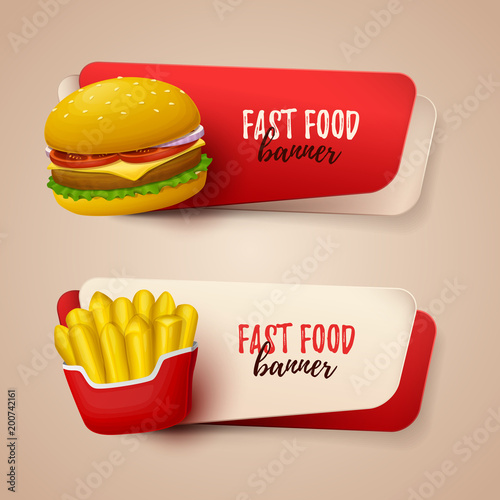 Set of banners with colorful objects on fast food theme. Vector Illustration