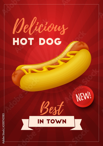 Colorful fast food  background. Retro Hot Dog poster. Vector Illustration