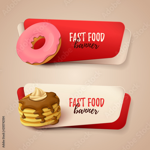 Set of banners with colorful objects on fast food theme. Vector Illustration