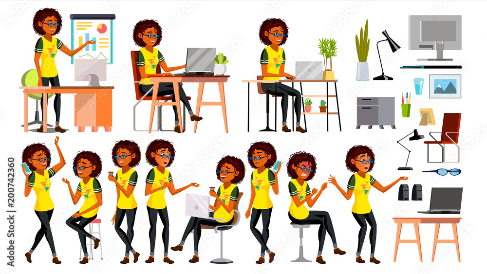 Business African Black Woman Character Vector. In Action. Office. IT Business Company. Working Elegant American Modern Girl. Various Views. Environment Process. Cartoon Illustration
