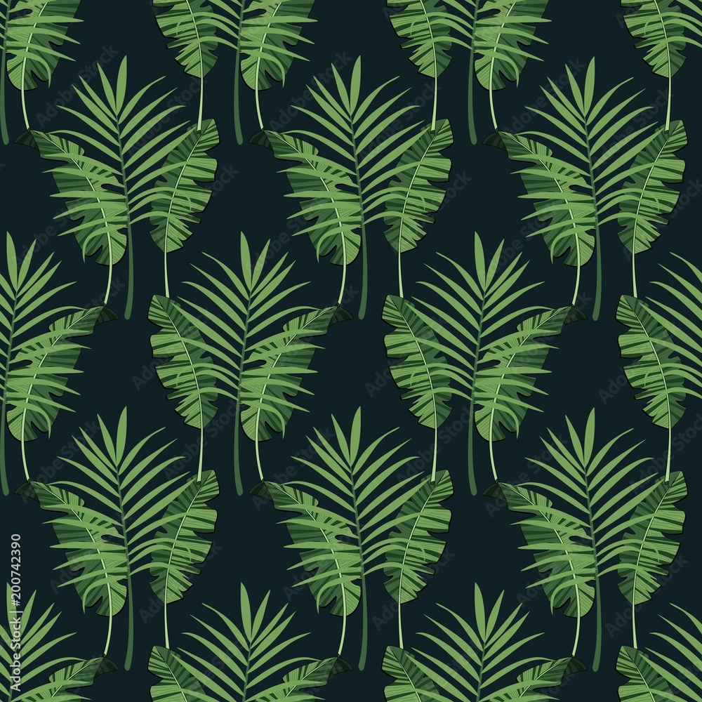 Seamless pattern with tropical leaves. Background for banner, cards. Printing on fabric and paper. Vector illustration.