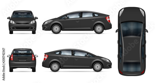 Car vector mock-up. Isolated template of grey automobile on white. Vehicle branding mockup. Side, front, back, top view. All elements in the groups on separate layers. Easy to edit and recolor. 
