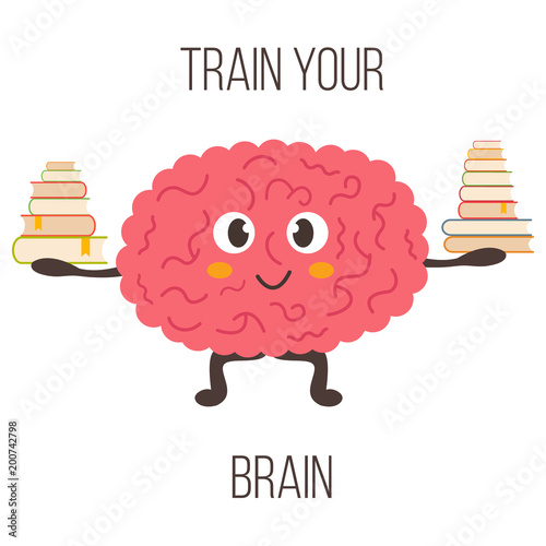 Train your brain poster with funny cartoon brain