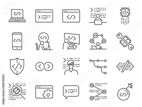 Developer icon set. Included the icons as code, programmer coding, mobile app, api, node connect, flow, logic, web coder, bug fix and more
