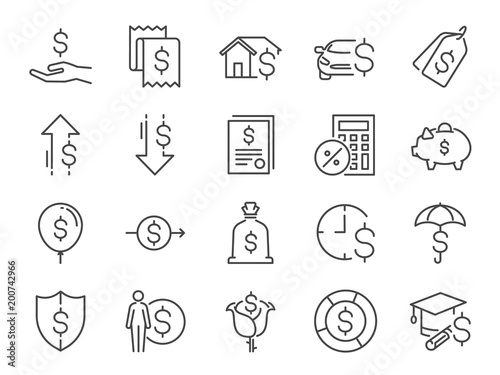 Loan and interest icon set. Included the icons as fees, personal income, house mortgage loan, car leasing, flat rate interest, installment, expense, financial ratio and more