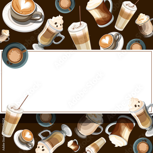 Brown rectangular background with cups of coffee.