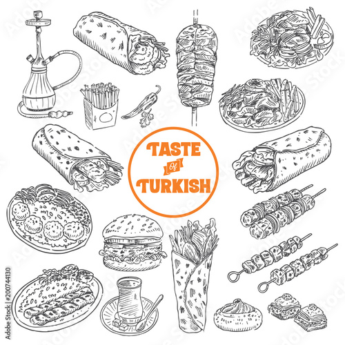 Hand drawn Turkish food, Vector Illustration