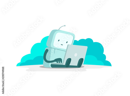 The robot astronaut man sits with laptop. Search on the Internet. Internet surfing. Error page not found. Flat color vector illustration