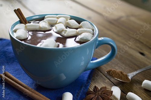 blue Cup of cocoa with marshmallows