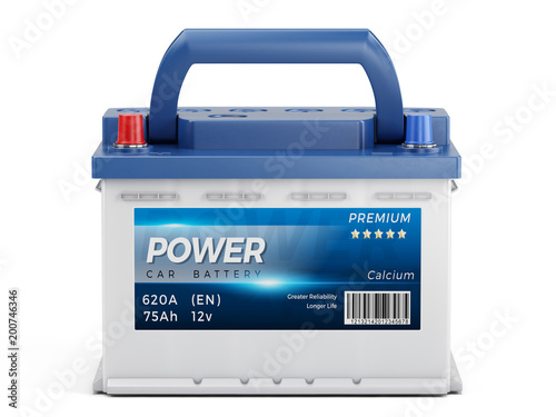 Car battery with abstract label isolated on white background. 3d rendering