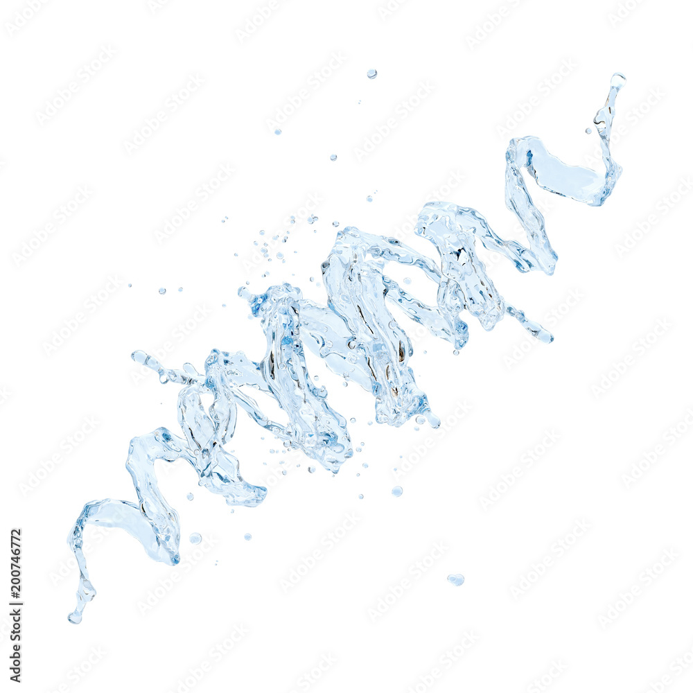 Obraz premium Fresh pure blue water splash. Clean transparent water, liquid fluid wave in translucent splashes form isolated on white background. Healthy drink splash advertising design element. 3D illustration
