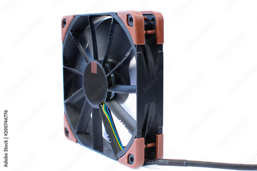 Computer black fan isolated on white background. Quiet cooling component of pc with anti-vabration pads. Hardware cooler in action