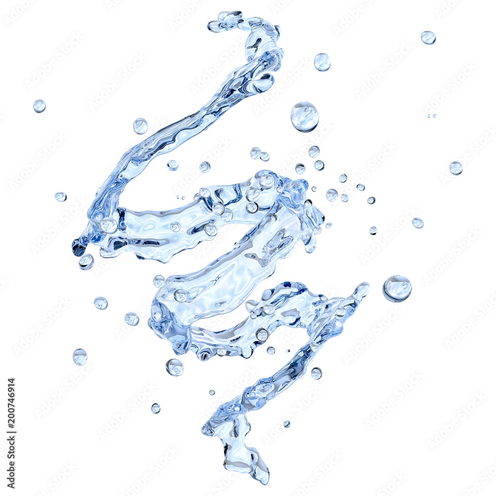 Fresh pure blue water splash. Clean transparent water, liquid fluid wave in translucent splashes form isolated on white background. Healthy drink splash advertising design element. 3D illustration Fresh pure blue water splash. Clean transparent water, liquid fluid wave in translucent splashes form isolated on white background. Healthy drink splash advertising design element. 3D illustration