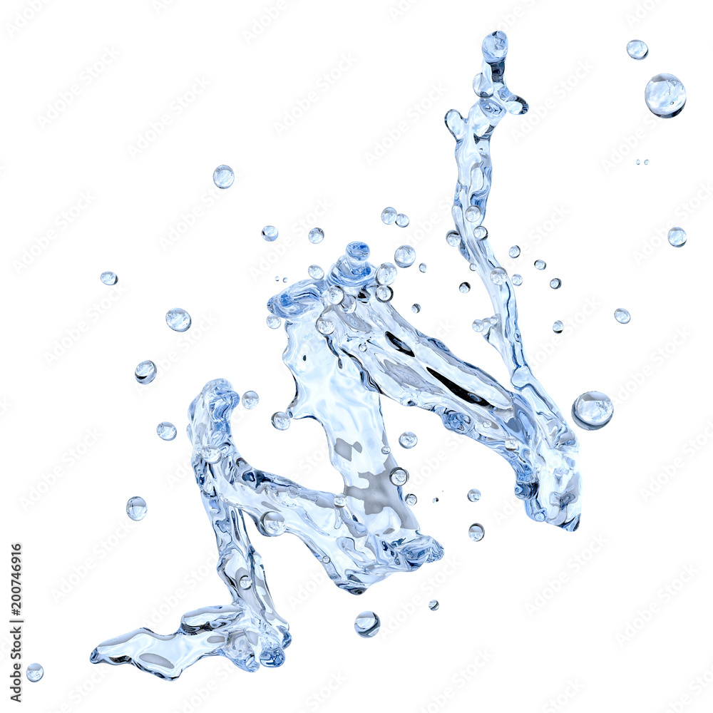Fresh pure blue water splash. Clean transparent water, liquid fluid wave in translucent splashes form isolated on white background. Healthy drink splash advertising design element. 3D illustration Fresh pure blue water splash. Clean transparent water, liquid fluid wave in translucent splashes form isolated on white background. Healthy drink splash advertising design element. 3D illustration
