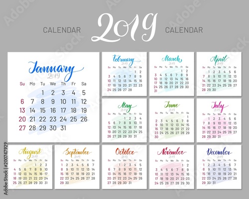 Stylish menology, 2019, January separately, dark background, multicolored lettering. Vector illustration of modern planner