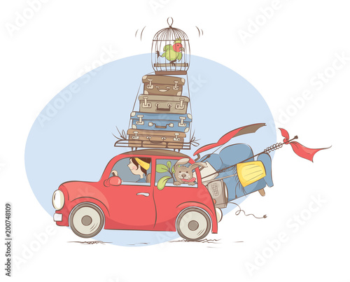 Moving to a new home / Girl is transporting things and pets in a small car, vector illustration