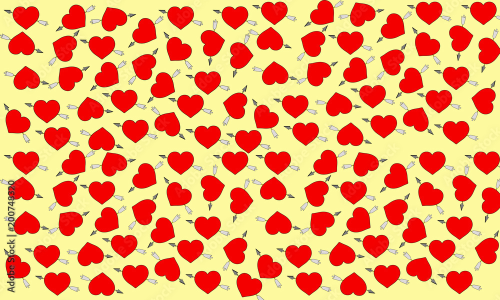 Red hearts and a colorful arrow on a yellow background