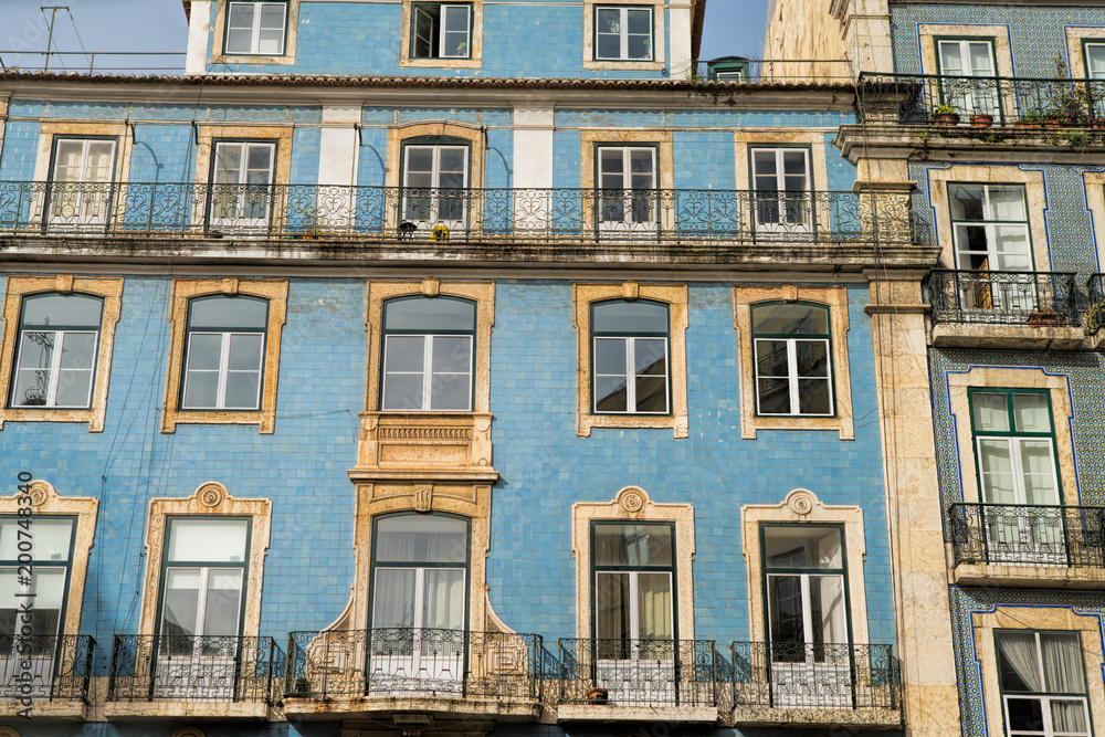 Classic apartment building exterior facade in Lisbon, Portugal