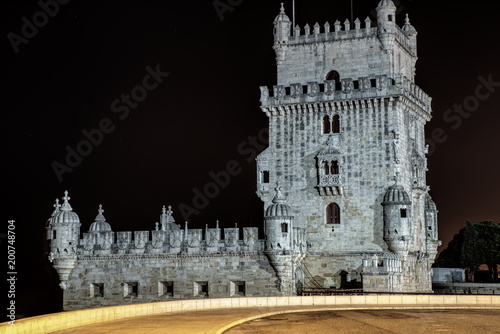 Portugal, Lisbon, view of the belem tower at night . Historical monument