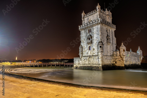 Portugal, Lisbon, view of the belem tower at night . Historical monument