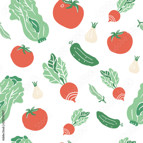 Seamless pattern with hand drawn colorful doodle vegetables. Sketch style vector collection. Vegetables flat icons set: onion, tomato, cucumber, radish, peas, salad