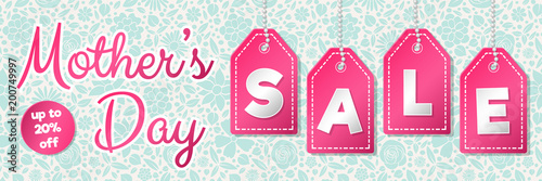 Mother's Day Sale - glossy banner with flowers. Vector.