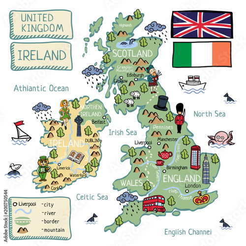Photo Cartoon map of United Kingdom and Ireland