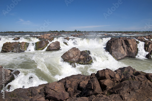 Preah Rumkel Cambodia, Preah Nimith waterfall and rapids on the Mekong river along the Cambodian Lao border in dry season